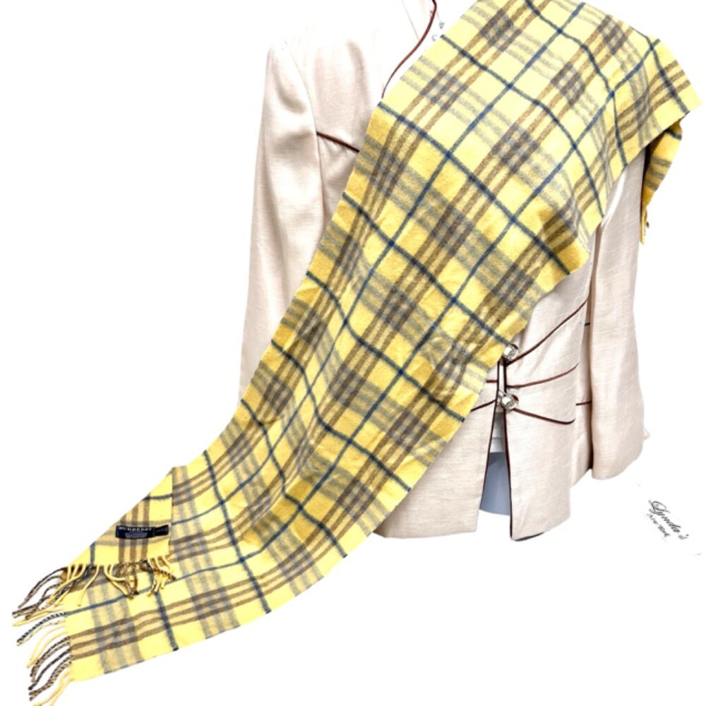 Burberry Of London Scarf 100% Cashmere Yellow blue gray  Plaid Check 58"x12"(12